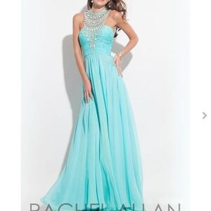 Brand New Rachel Allan 7259 Aqua Mint Jeweled Neckline Chiffon Dress $495